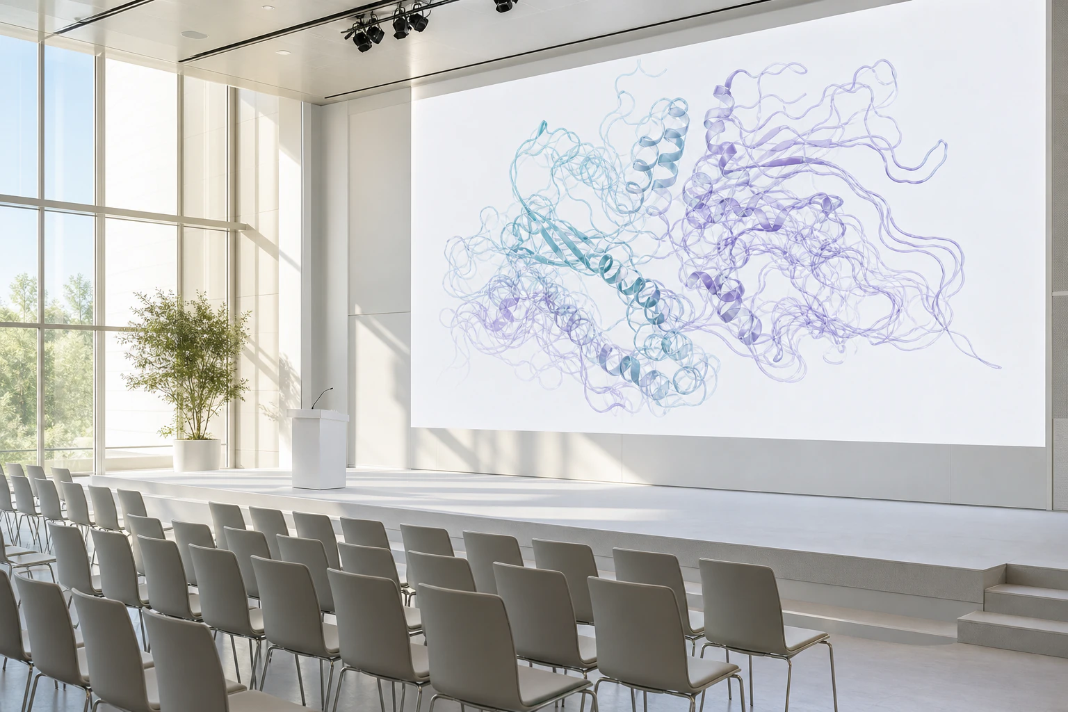 A sunlit empty conference stage with a large projection of flowing cyan and violet protein ribbons. Illustrative generated image.