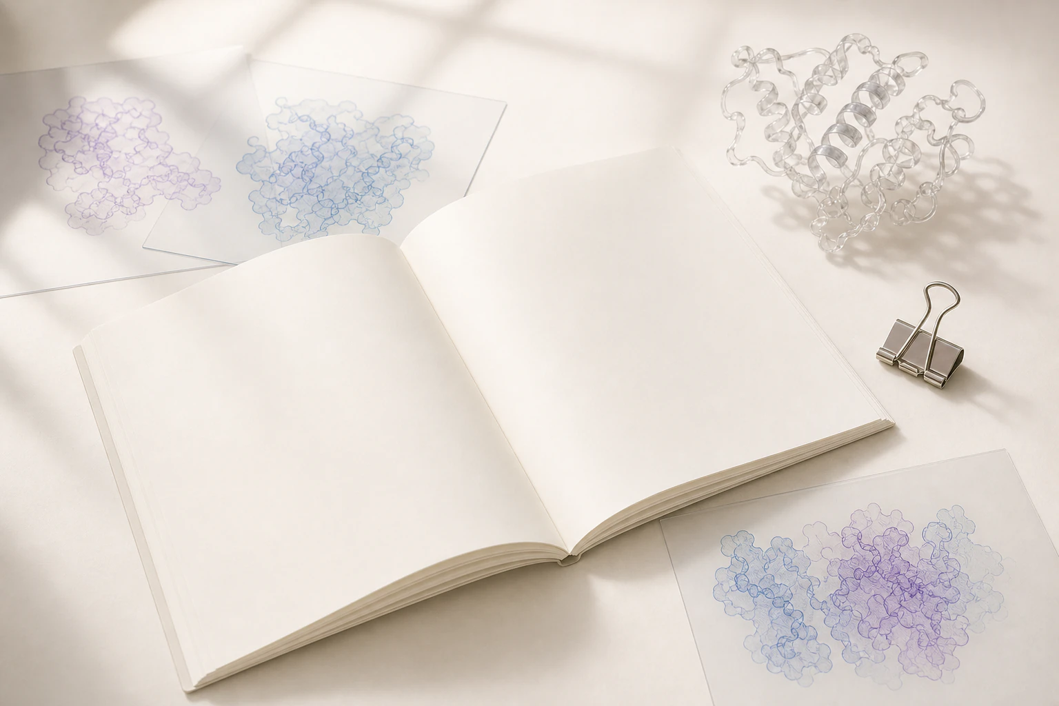 An open blank manuscript beside translucent molecular figure sheets, a clear protein sculpture, and a binder clip. Illustrative generated image.