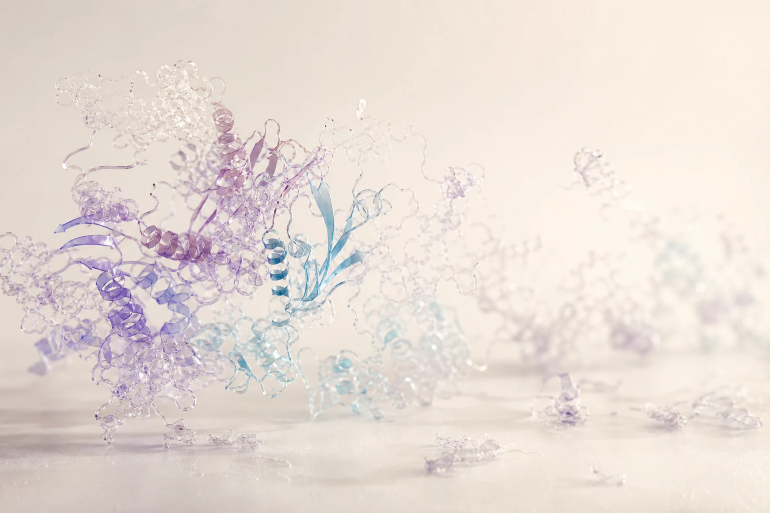 A translucent cloud of folded ribbons and loose molecular filaments suspended above a warm ivory surface. Illustrative generated image.