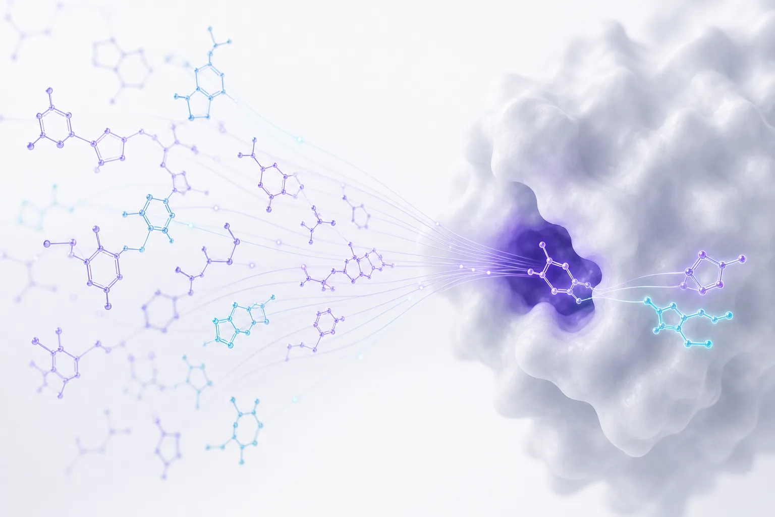 Candidate molecules fanning out toward a small transient pocket and narrowing to a shortlist, drawn as fine violet and cyan linework on a pale background. Illustrative generated image.